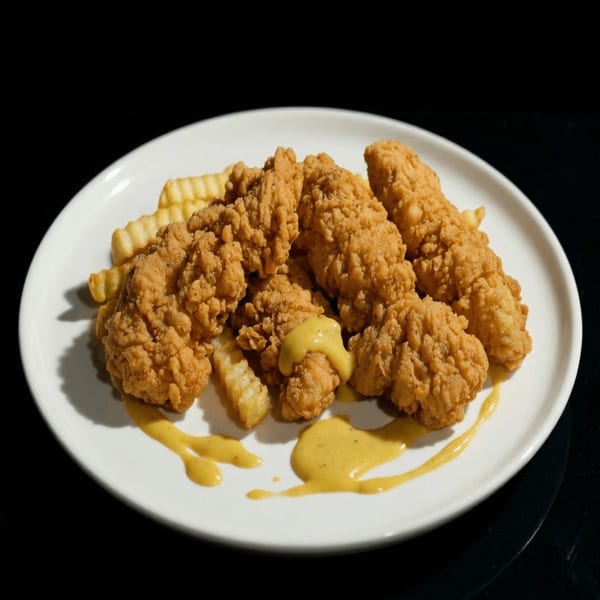 Crispy fried chicken tenders and crinkle-cut fries with honey mustard sauce on a white plate.