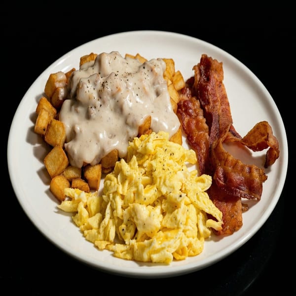 Mountaineer Breakfast with eggs, bacon, and hash browns