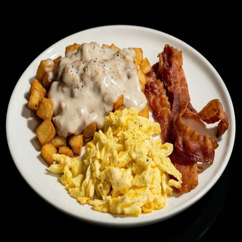 Mountaineer Breakfast with eggs, bacon, and hash browns