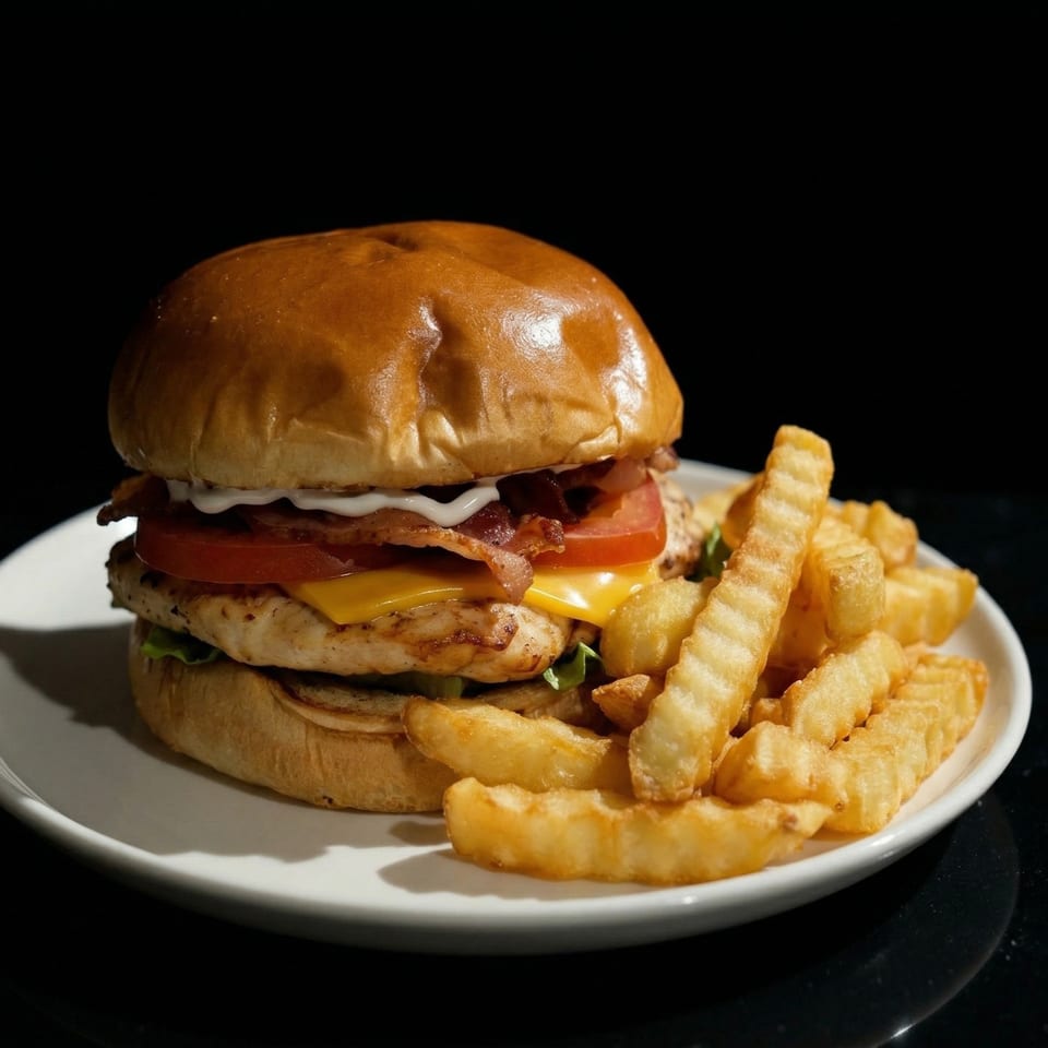 Chicken Club Sandwich with bacon, cheese, lettuce and tomato